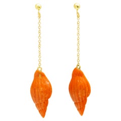 18K Yellow Gold Natural Coral Shell Carving Summer Dangle Earrings INTINI Jewels