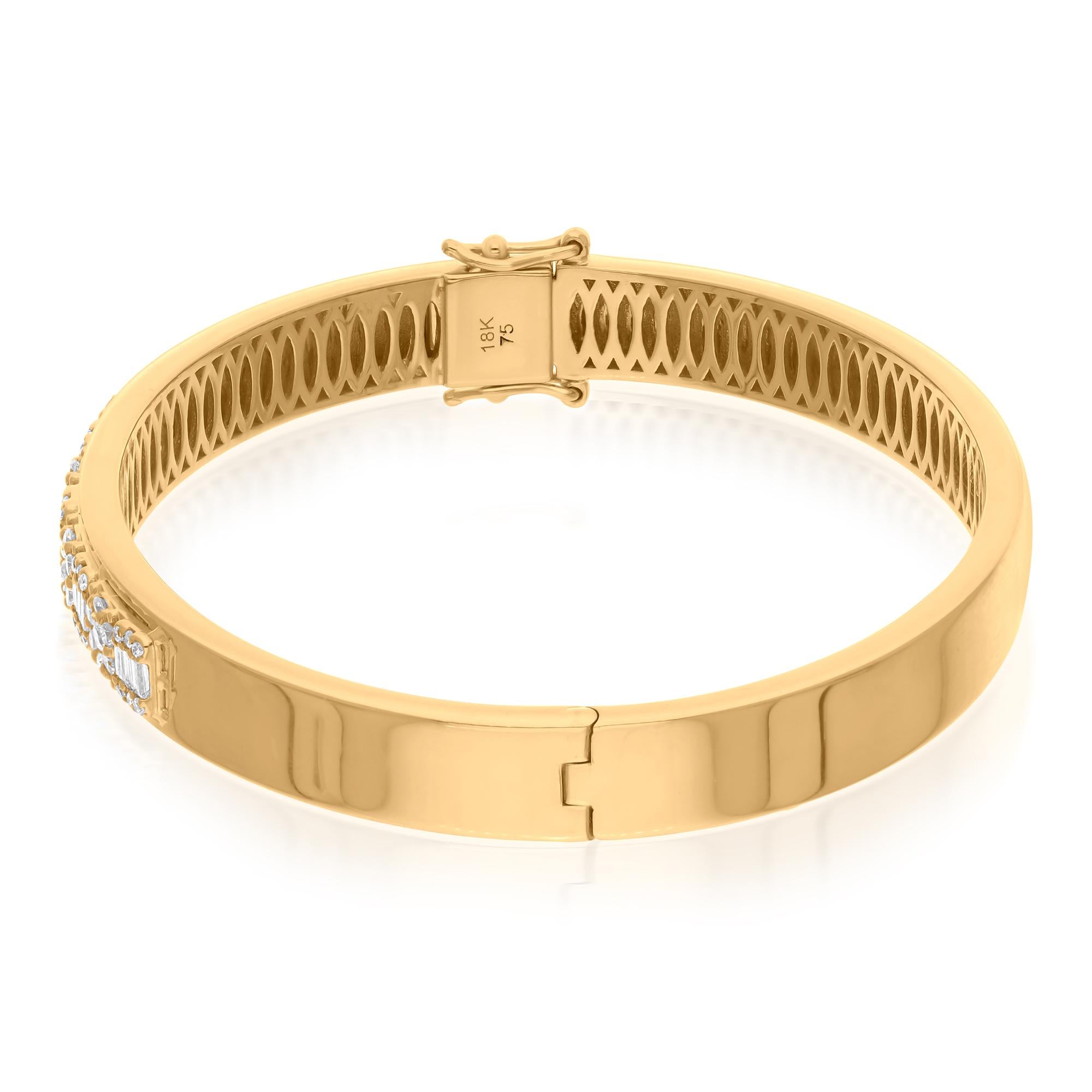 Taille ronde Bracelet en or jaune 18k avec baguette ronde en diamant naturel pour femmes en vente