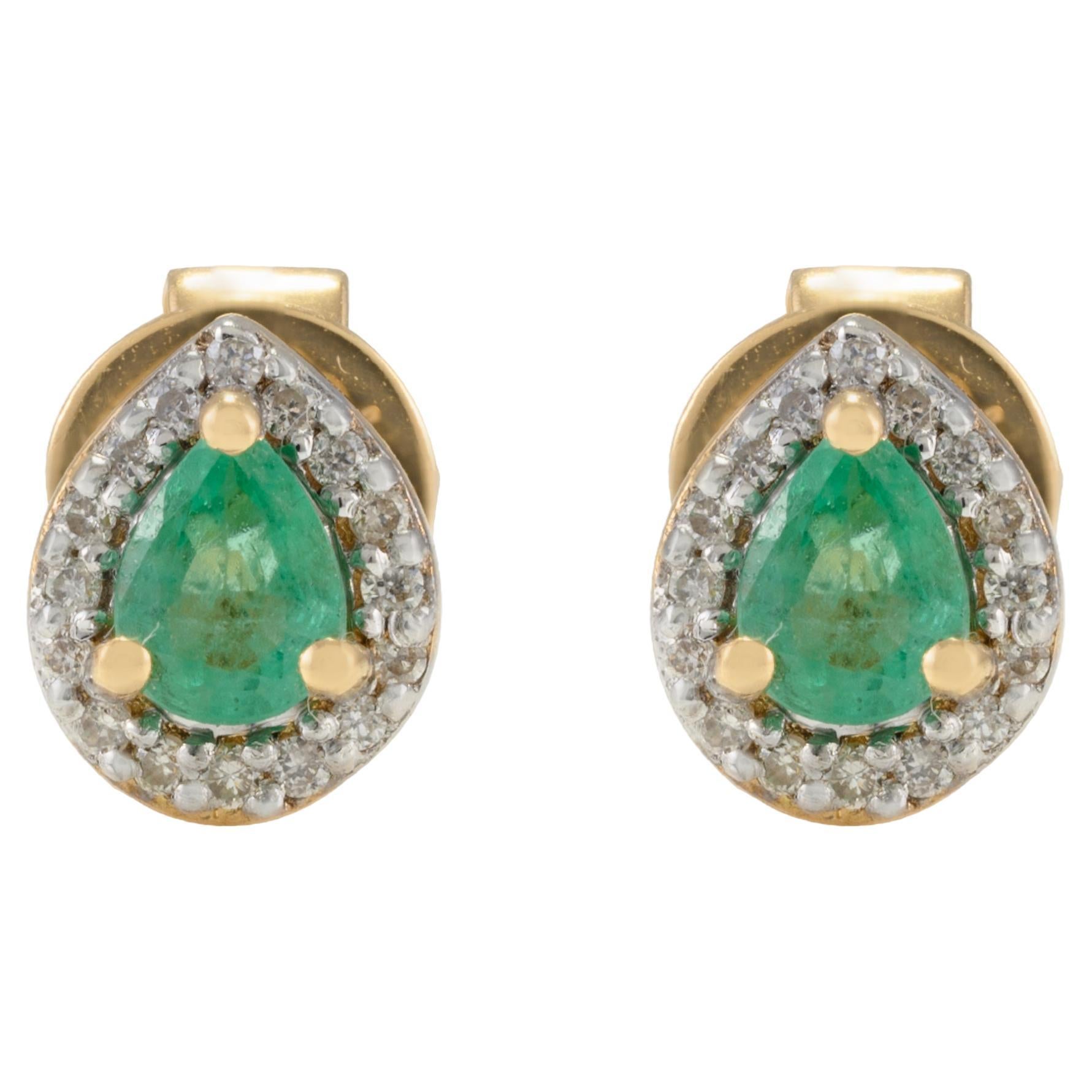 18k Yellow Gold Pear Emerald and Halo Diamond Dainty Stud Earrings  For Sale