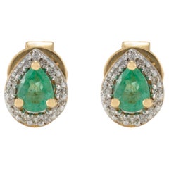 18k Yellow Gold Pear Emerald and Halo Diamond Dainty Stud Earrings 