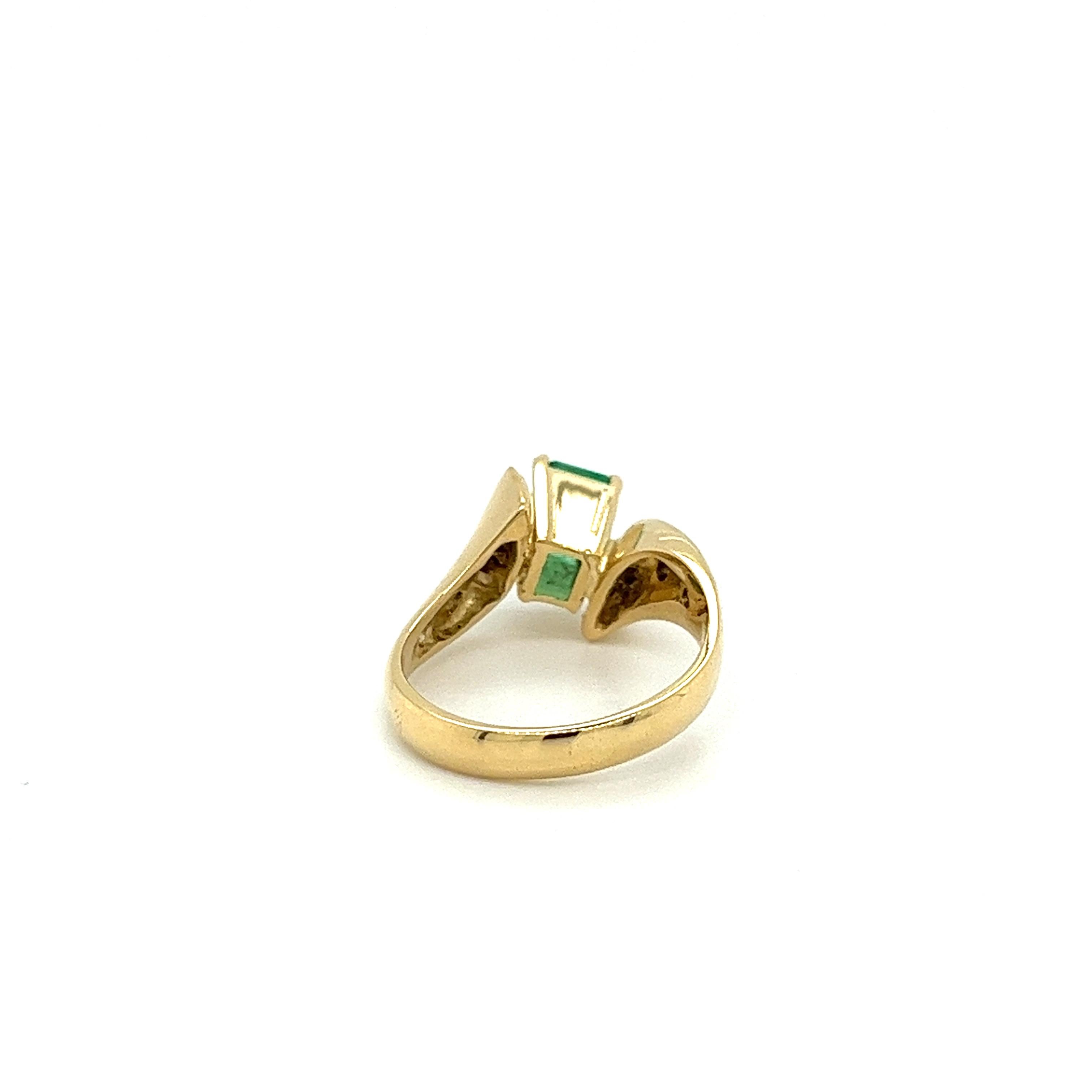 Emerald Cut 18k Yellow Gold Natural Emerald and Floating Diamond Bypass Statement Ring For Sale