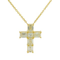 18k Yellow Gold Natural Emerald Cut Diamond Cross Pendant Necklace