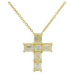 18k Yellow Gold Natural Emerald Cut Diamond Cross Pendant Necklace