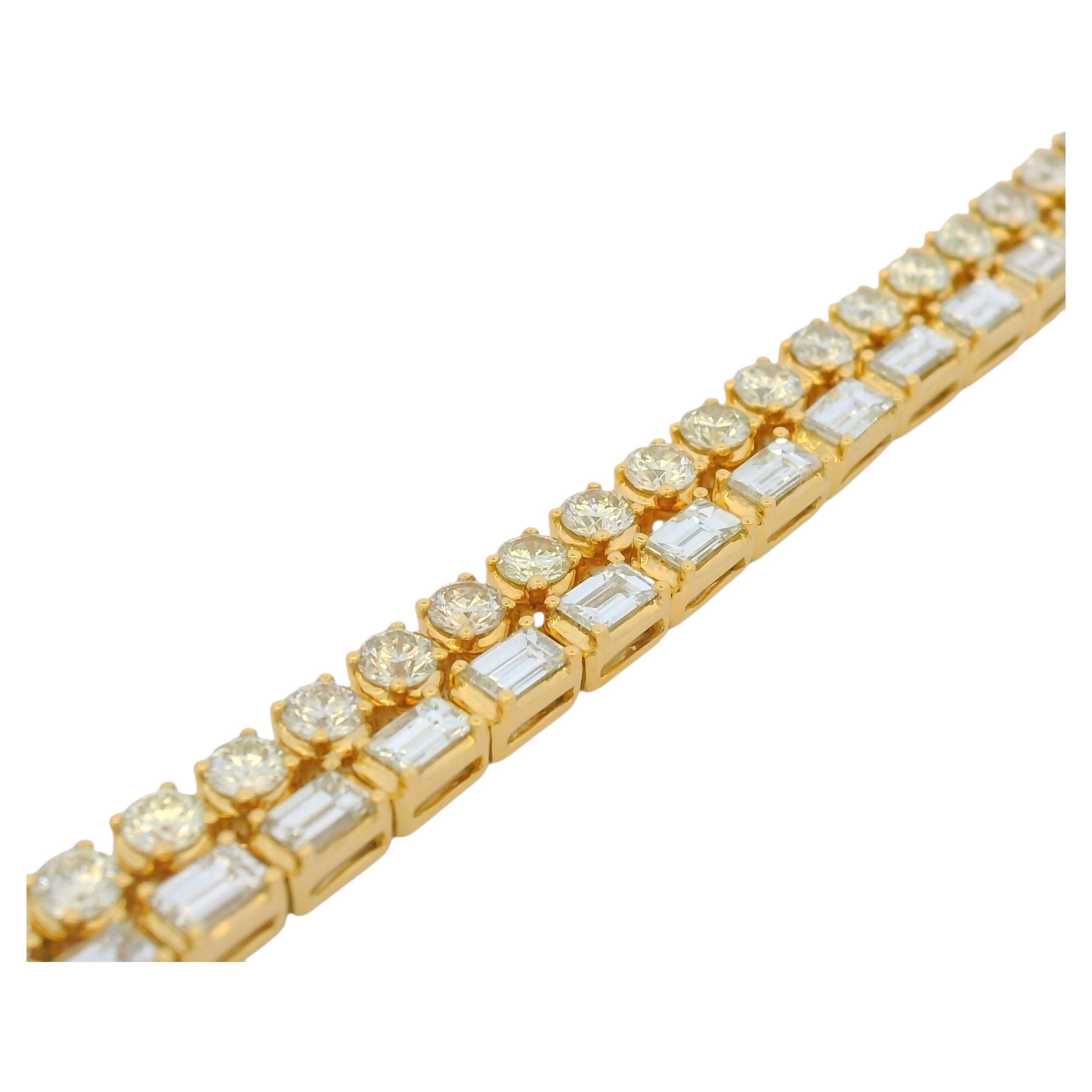 18K Yellow Gold Natural Emerald Cut & Round Diamond Double Tennis Bracelet For Sale
