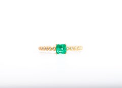 18K Yellow Gold Natural Emerald & Diamond Ribbed Stacking Thin Band Ring