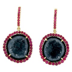 18K Yellow Gold Natural Geode & Ruby Halo Dangle Earrings