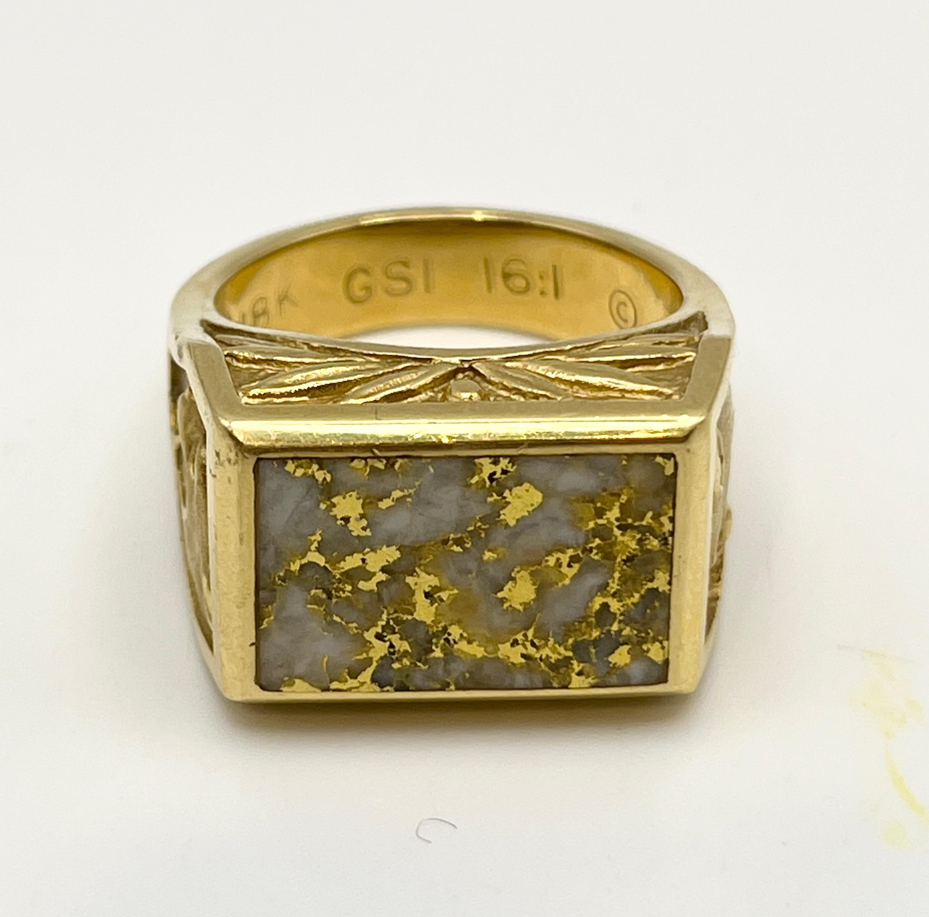 18K Yellow Gold Natural Gold-In-Quartz Men’s Ring with Diamond 7