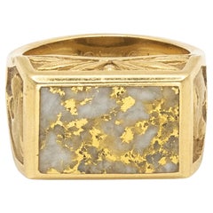 18K Yellow Gold Natural Gold-In-Quartz Men’s Ring with Diamond