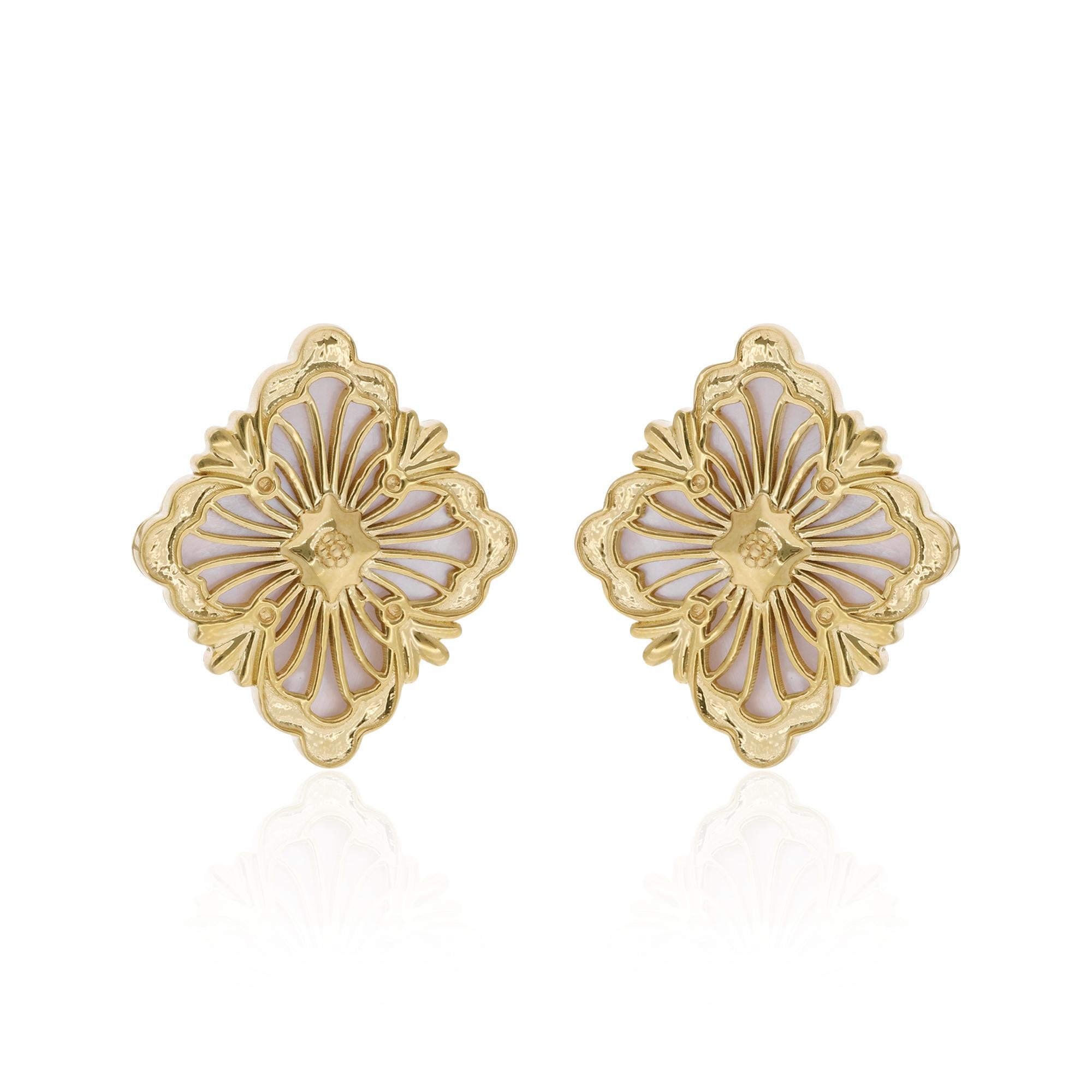 Uncut 18k Yellow Gold Natural Mother Of Pearl Designer Square Stud Earrings Jewelry For Sale