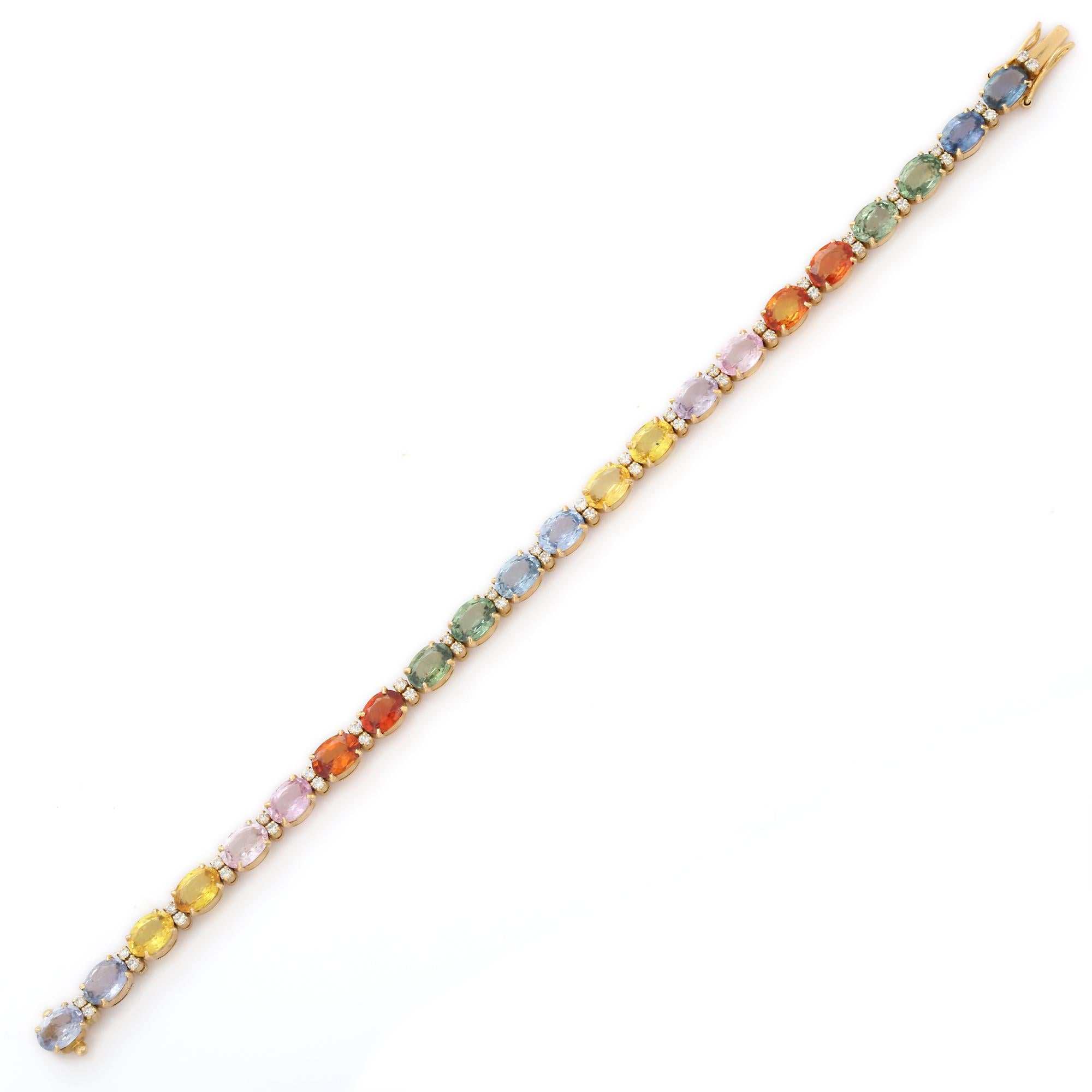 18K Yellow Gold Natural Multi Sapphire and Diamond Tennis Bracelet In New Condition For Sale In New York, NY