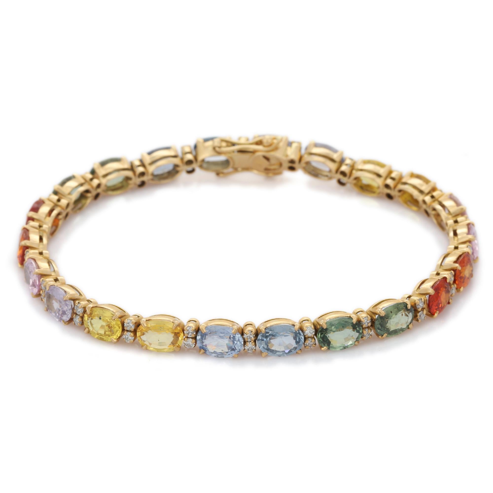 18K Yellow Gold Natural Multi Sapphire and Diamond Tennis Bracelet  For Sale 1