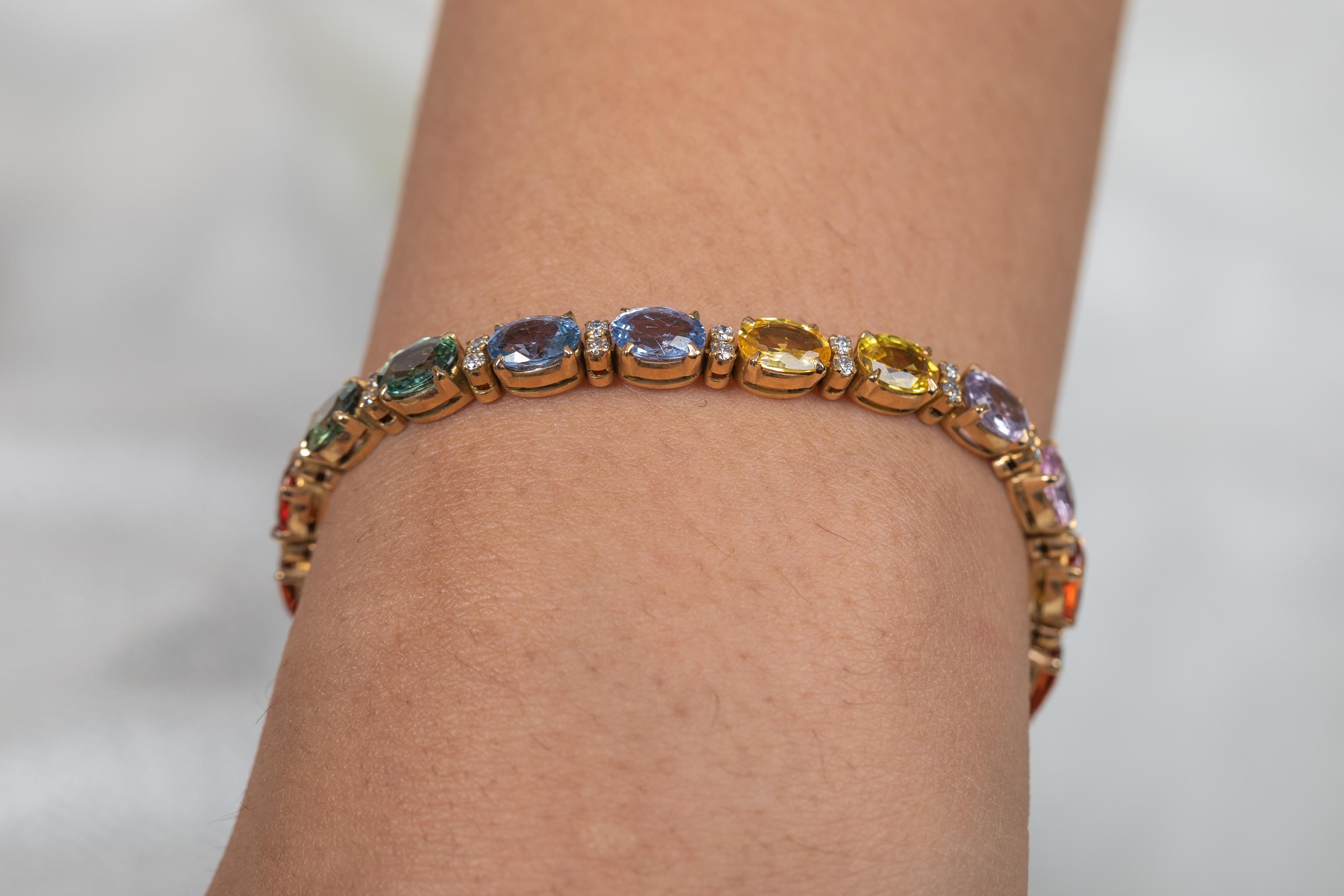 Oval Cut 18K Yellow Gold Natural Multi Sapphire and Diamond Tennis Bracelet  For Sale