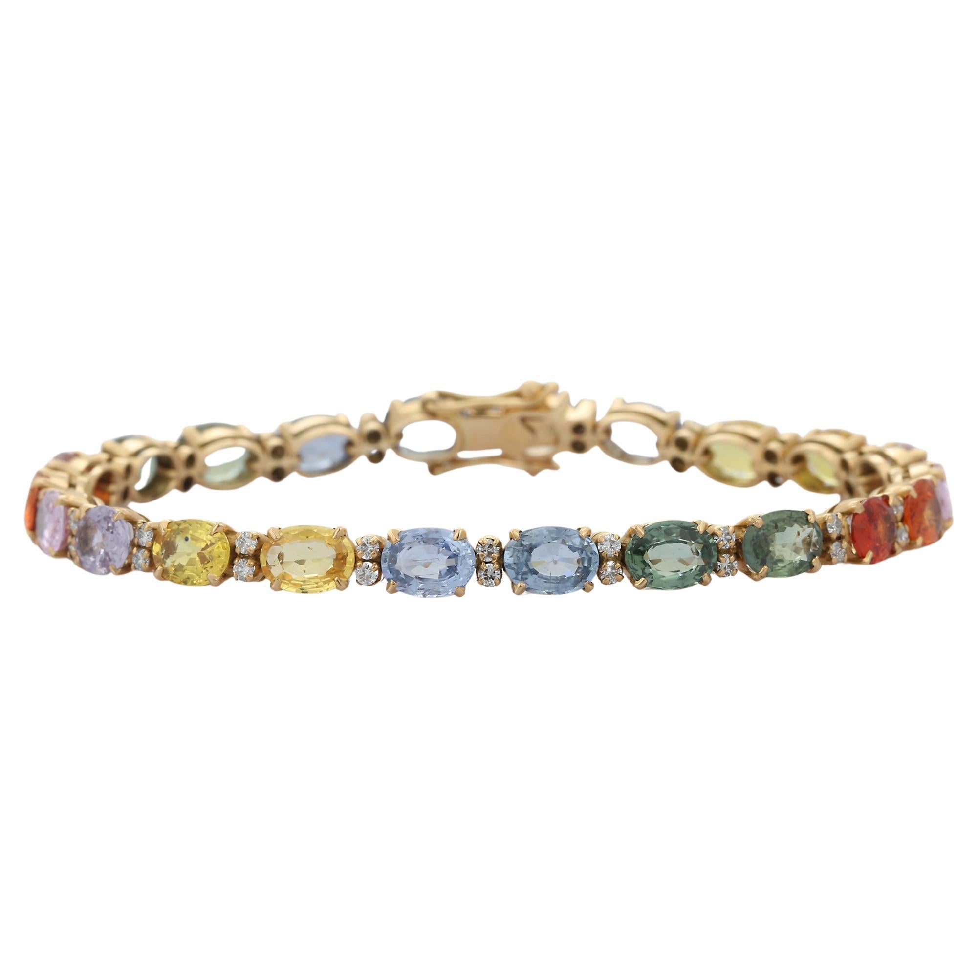 18K Yellow Gold Natural Multi Sapphire and Diamond Tennis Bracelet  For Sale