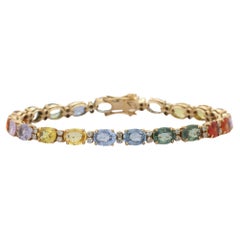 18K Yellow Gold Natural Multi Sapphire and Diamond Tennis Bracelet 