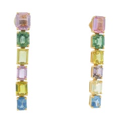18K Yellow Gold Natural Multicolor Sapphire Fashion Dangle Drop Earrings