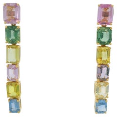 18K Yellow Gold Natural Multicolor Sapphire Fashion Dangle Drop Earrings