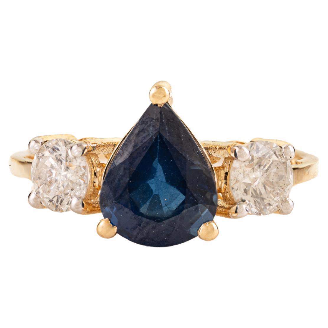 18K Yellow Gold Natural Pear Cut Blue Sapphire & Diamond Three Stone Ring 1.7 CT