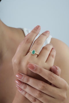 18K Yellow Gold Natural Pear Cut Emerald and Diamond Halo Engagement Ring