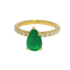 18K Yellow Gold Natural Pear Shape Emerald & Diamond Hidden Halo Ring In Stock