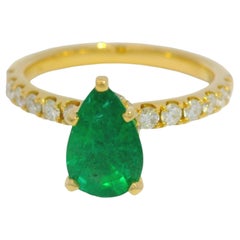 18K Yellow Gold Natural Pear Shape Emerald & Diamond Hidden Halo Ring In Stock