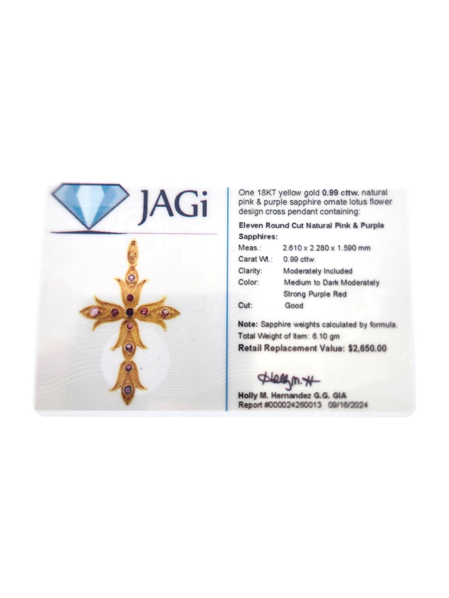 Pendentif croix de lotus en or jaune 18 carats, saphirs roses et violets naturels #19037 en vente 2