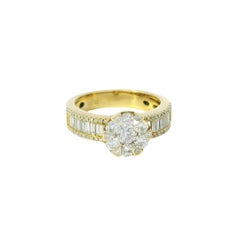 18K Yellow Gold Natural Round Brilliant & Baguette Cut Diamond Flower Ring