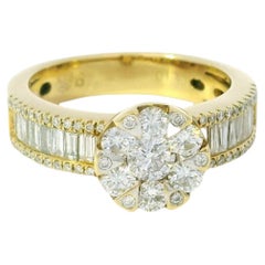 18K Yellow Gold Natural Round Brilliant & Baguette Cut Diamond Flower Ring