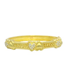 18K Yellow Gold Natural Round Brilliant Diamond & Gold Hearts Bangle In Stock