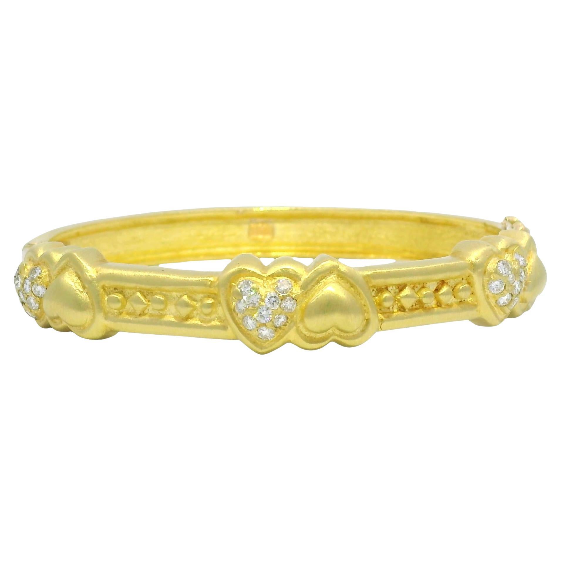 18K Yellow Gold Natural Round Brilliant Diamond & Gold Hearts Bangle In Stock For Sale