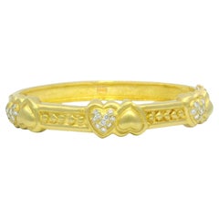 18K Yellow Gold Natural Round Brilliant Diamond & Gold Hearts Bangle In Stock