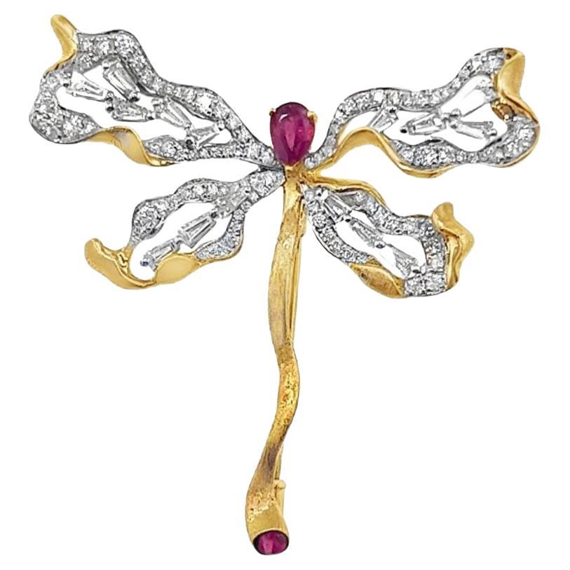 18K Yellow Gold Natural Ruby & Diamond Dragonfly Brooch Pendant