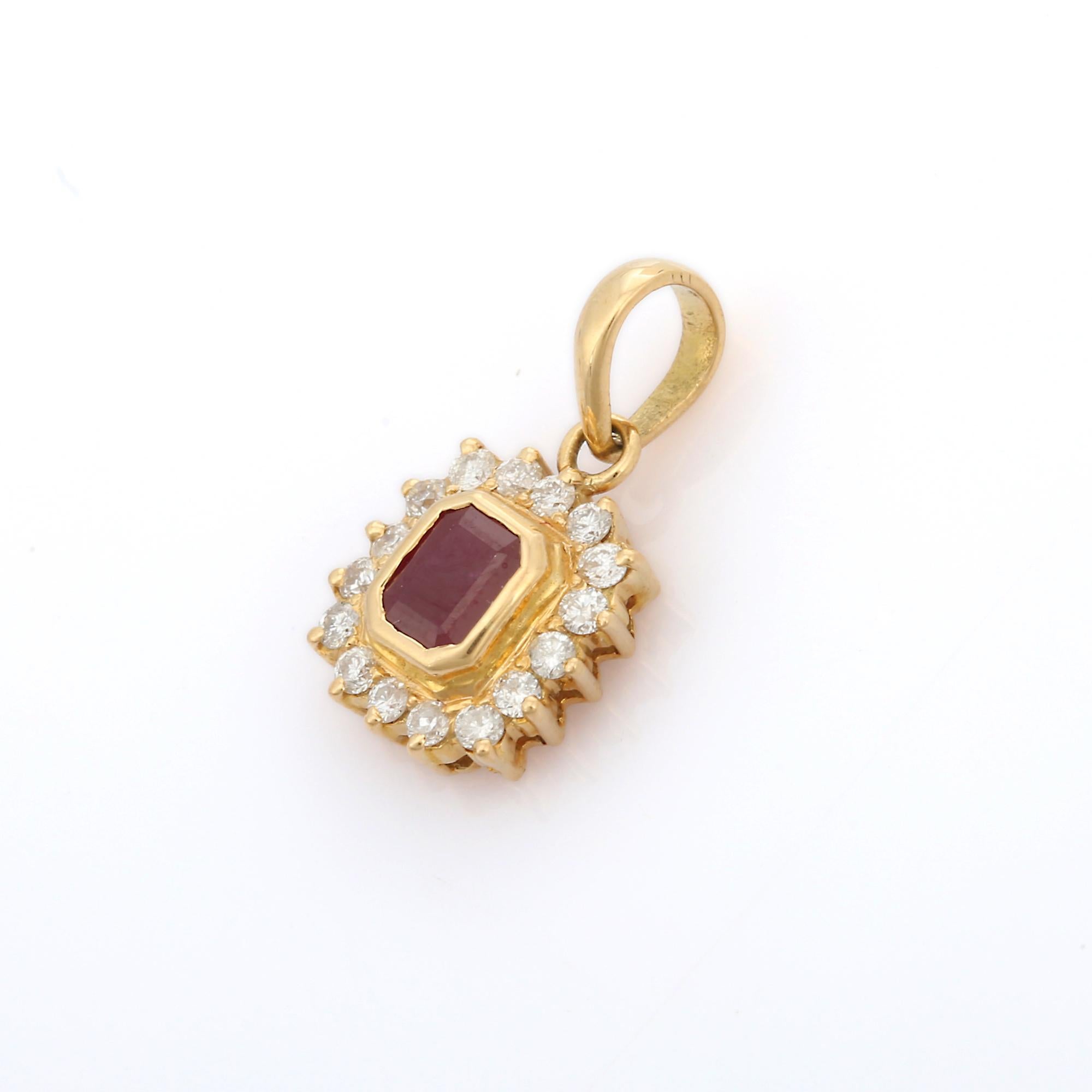 Natural Ruby Pendant Necklace with Halo of Diamonds in 18K Gold. It has a octagon cut ruby with halo diamonds that completes your look with a decent touch. Pendants are used to wear or gifted to represent love and promises. It's an attractive