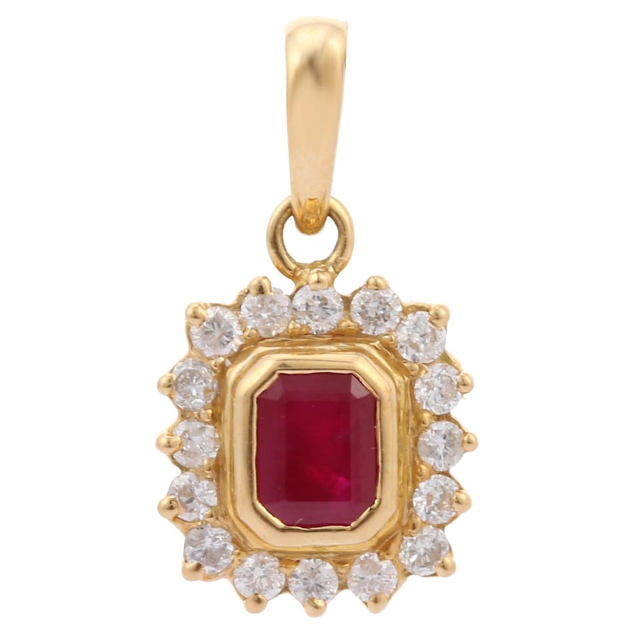 18K Yellow Gold Natural Ruby Pendant Necklace with Halo of Diamonds For Sale