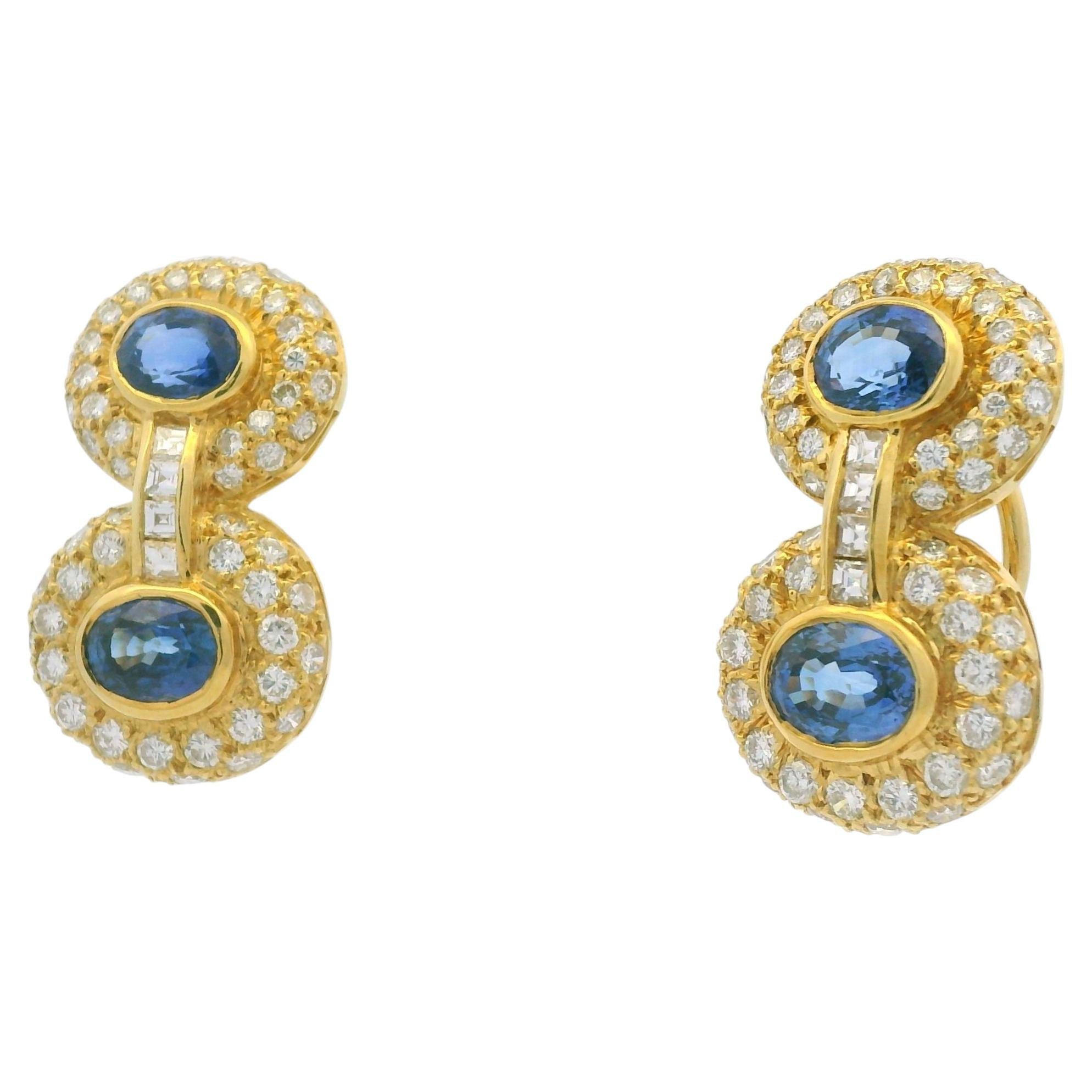 Pendientes Colgantes Círculo de Zafiro Natural y Diamante de Corte Asscher en Oro Amarillo de 18 K