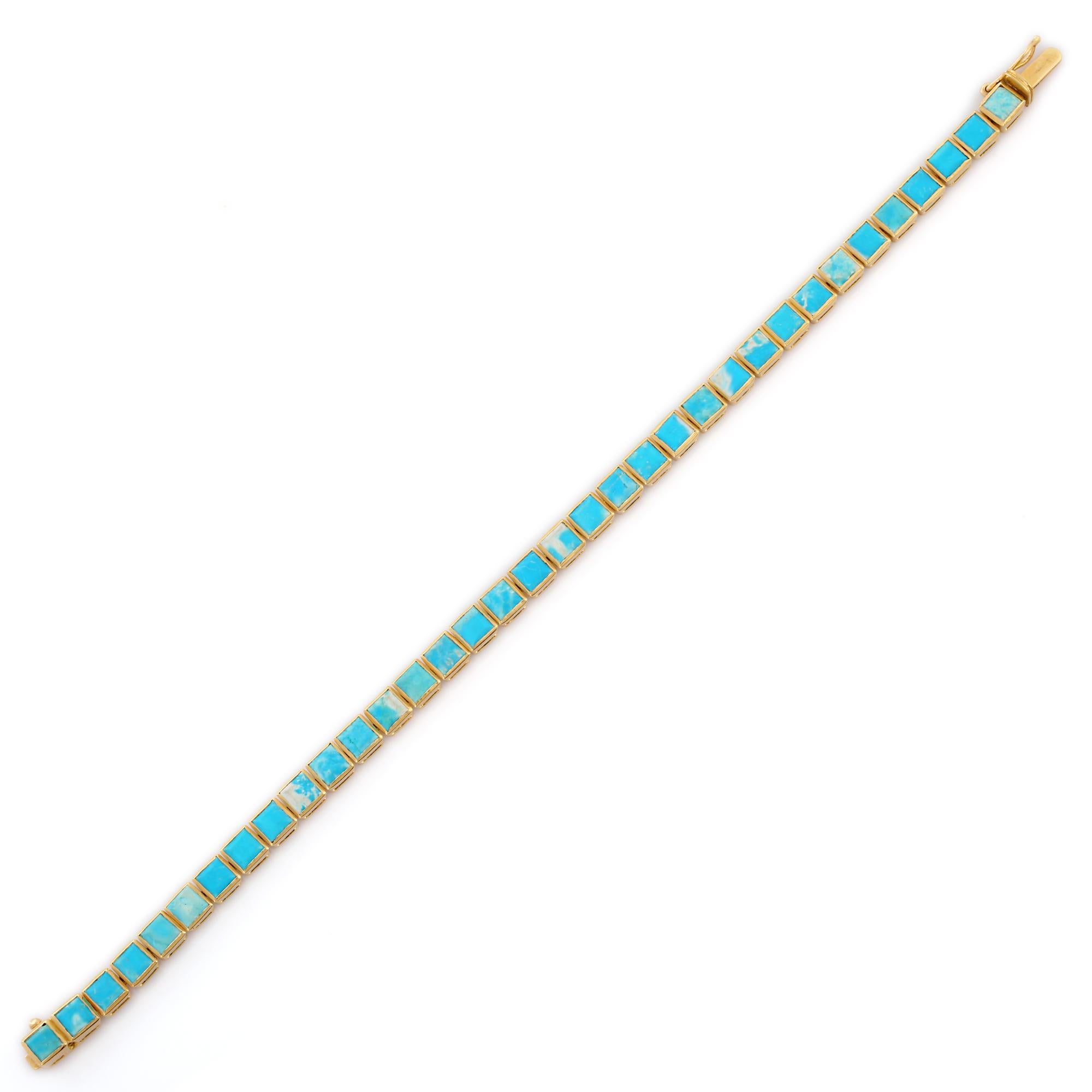 Modern 18K Yellow Gold Natural Square Cut 10.15 ct Turquoise Tennis Bracelet