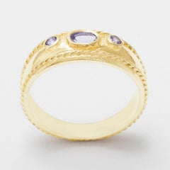 18k Yellow Gold Natural Tanzanite womens Trilogy Band Ring - Customizable