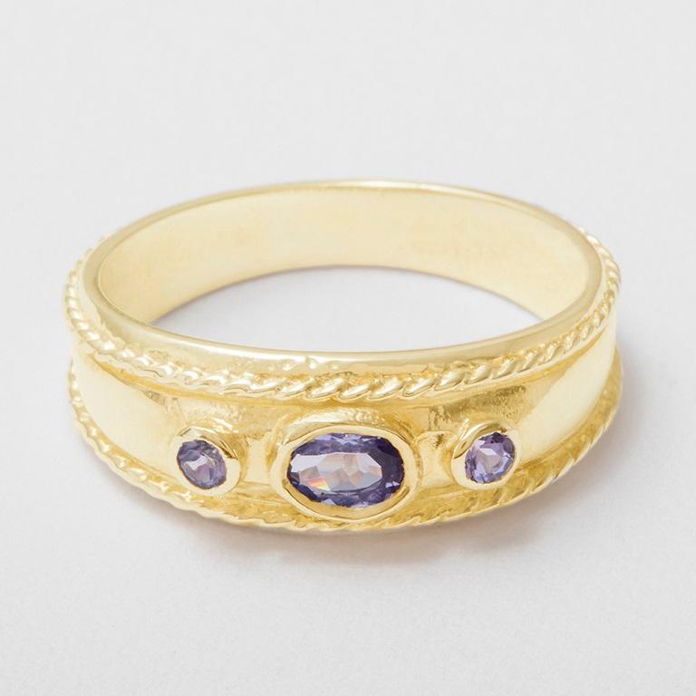 En vente :  Bague à anneau trilogie en or jaune 18 carats avec tanzanite naturelle pour femmes - personnalisable 4