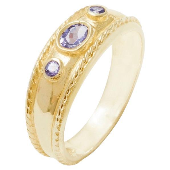 18k Yellow Gold Natural Tanzanite womens Trilogy Band Ring - Customizable