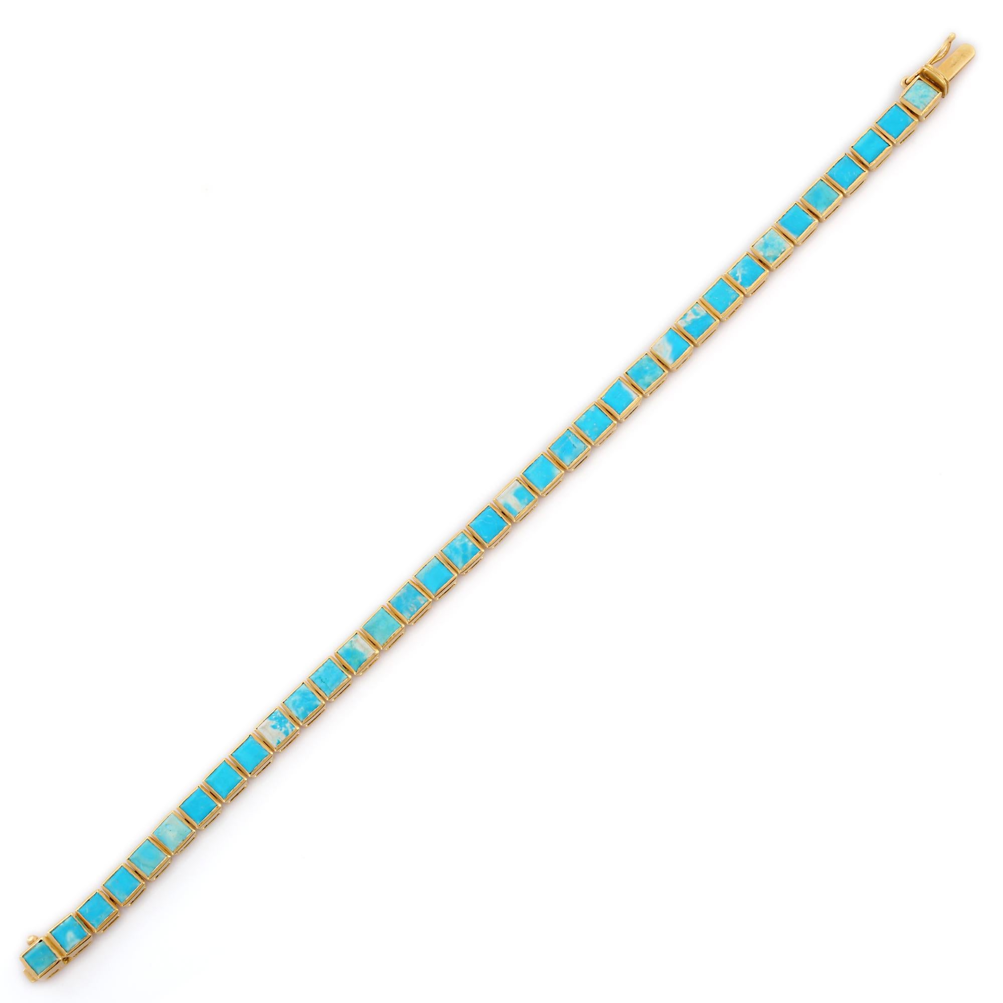 Modern 18K Yellow Gold Natural Square Cut 10.15 ct Turquoise Tennis Bracelet For Sale