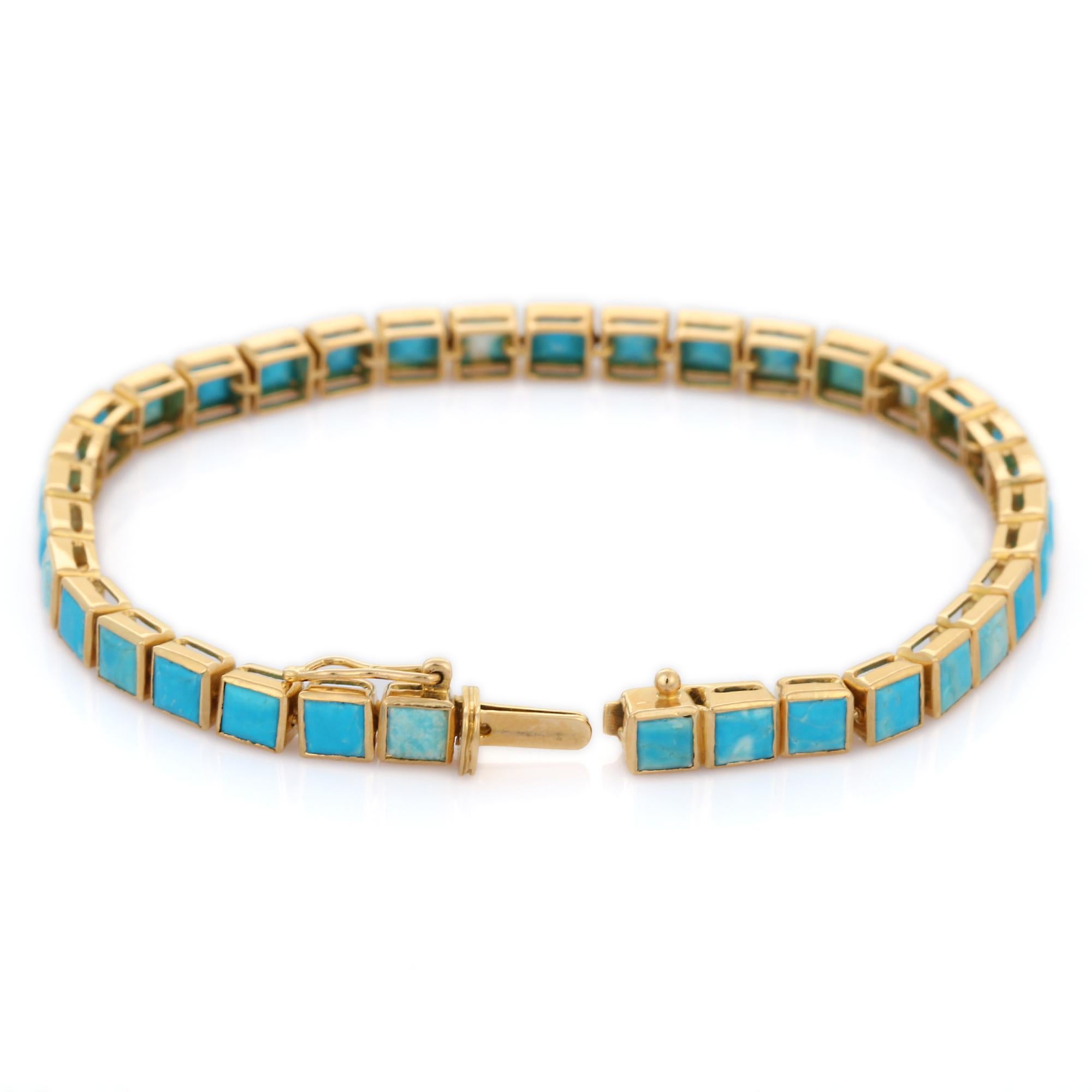 18K Yellow Gold Natural Square Cut 10.15 ct Turquoise Tennis Bracelet In New Condition For Sale In Houston, TX