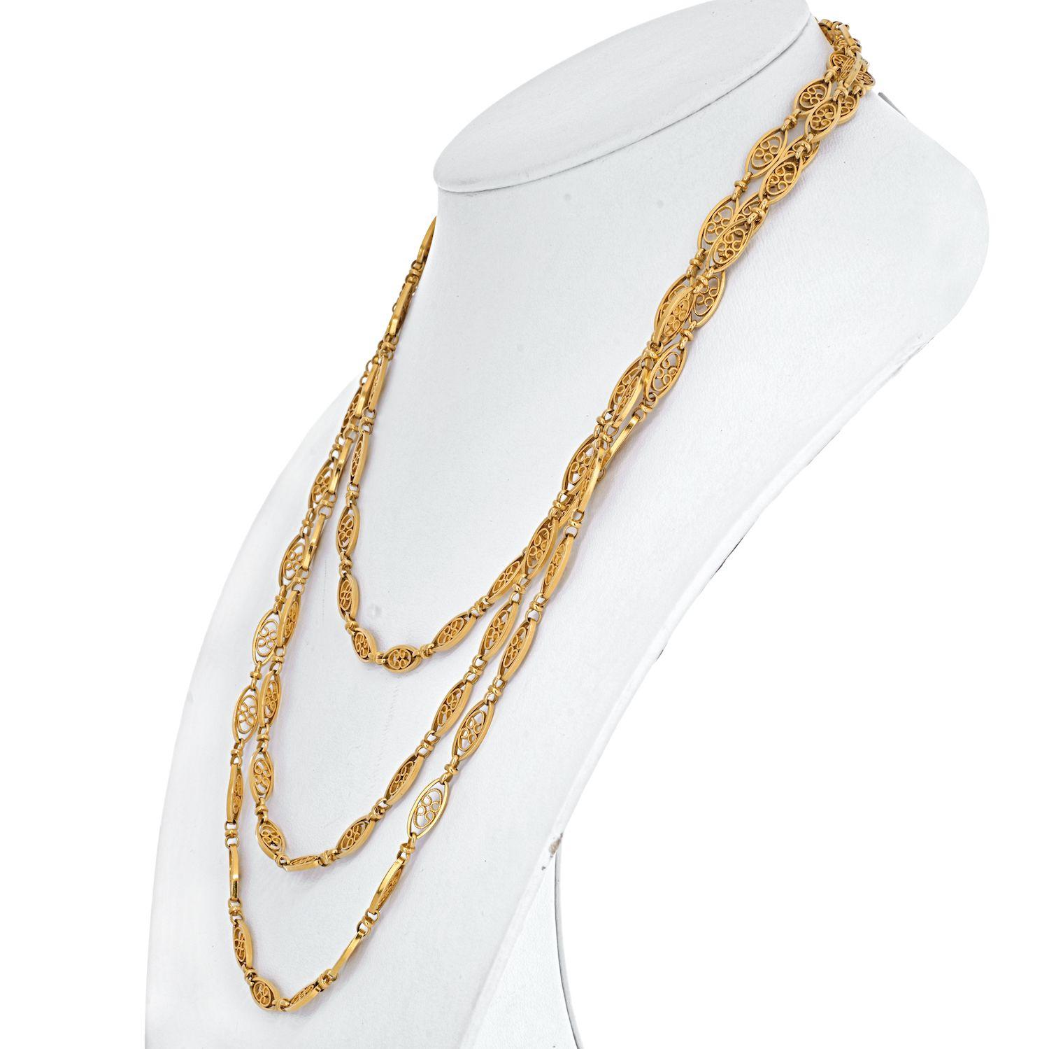 18K Yellow Gold Navette Link Long Chain Necklace In Excellent Condition In New York, NY