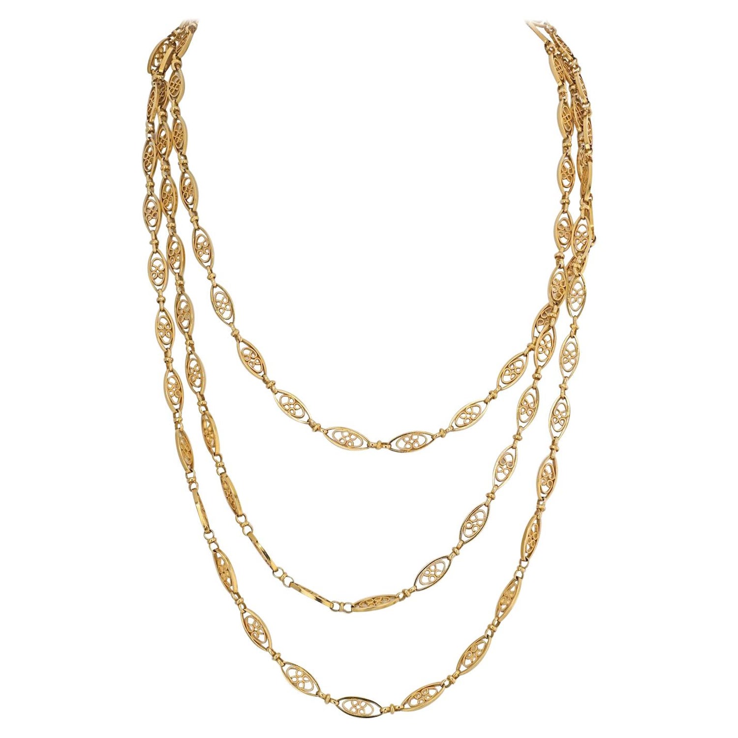 18K Yellow Gold Navette Link Long Chain Necklace For Sale at 1stDibs