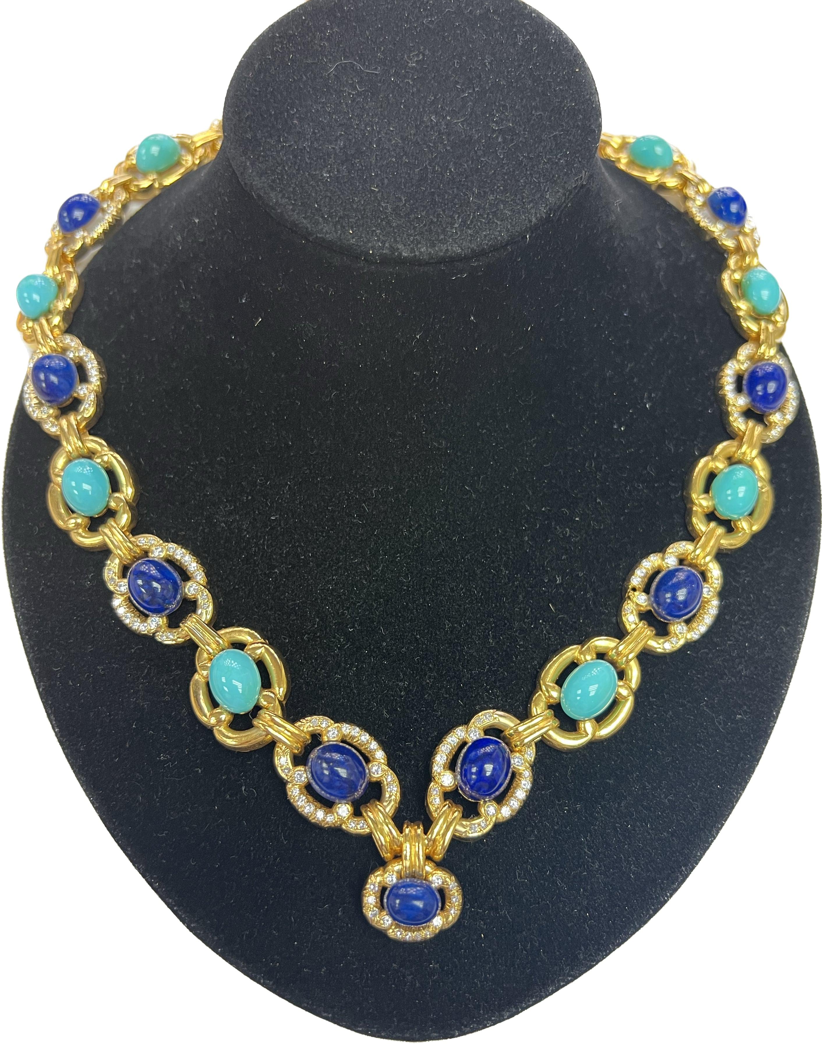 Round Cut 18k Yellow Gold Necklace/Brooch with Lapis, Turquoise & Round Diamonds  For Sale