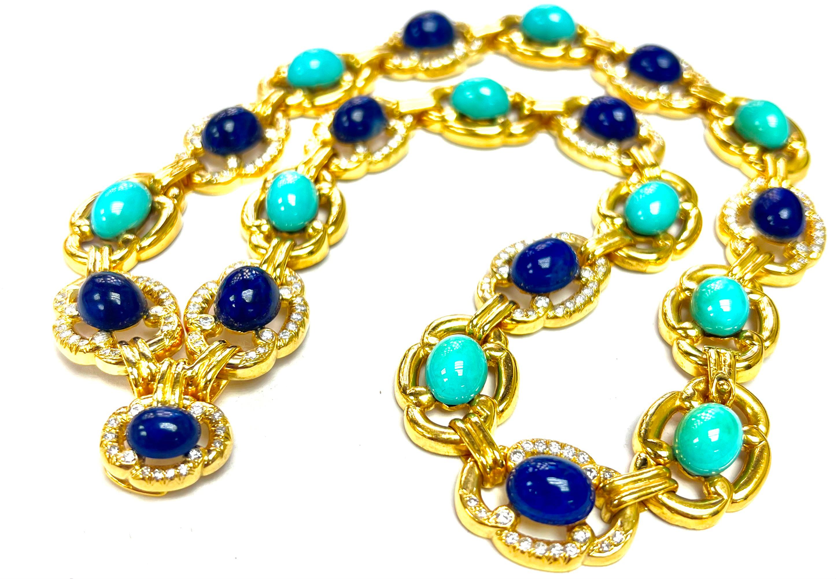 18k Yellow Gold Necklace/Brooch with Lapis, Turquoise & Round Diamonds  In New Condition For Sale In Los Angeles, CA