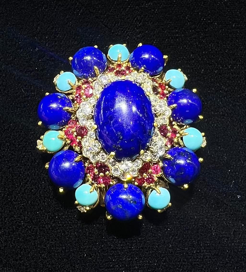 Women's 18k Yellow Gold Necklace/Brooch with Lapis, Turquoise & Round Diamonds  For Sale