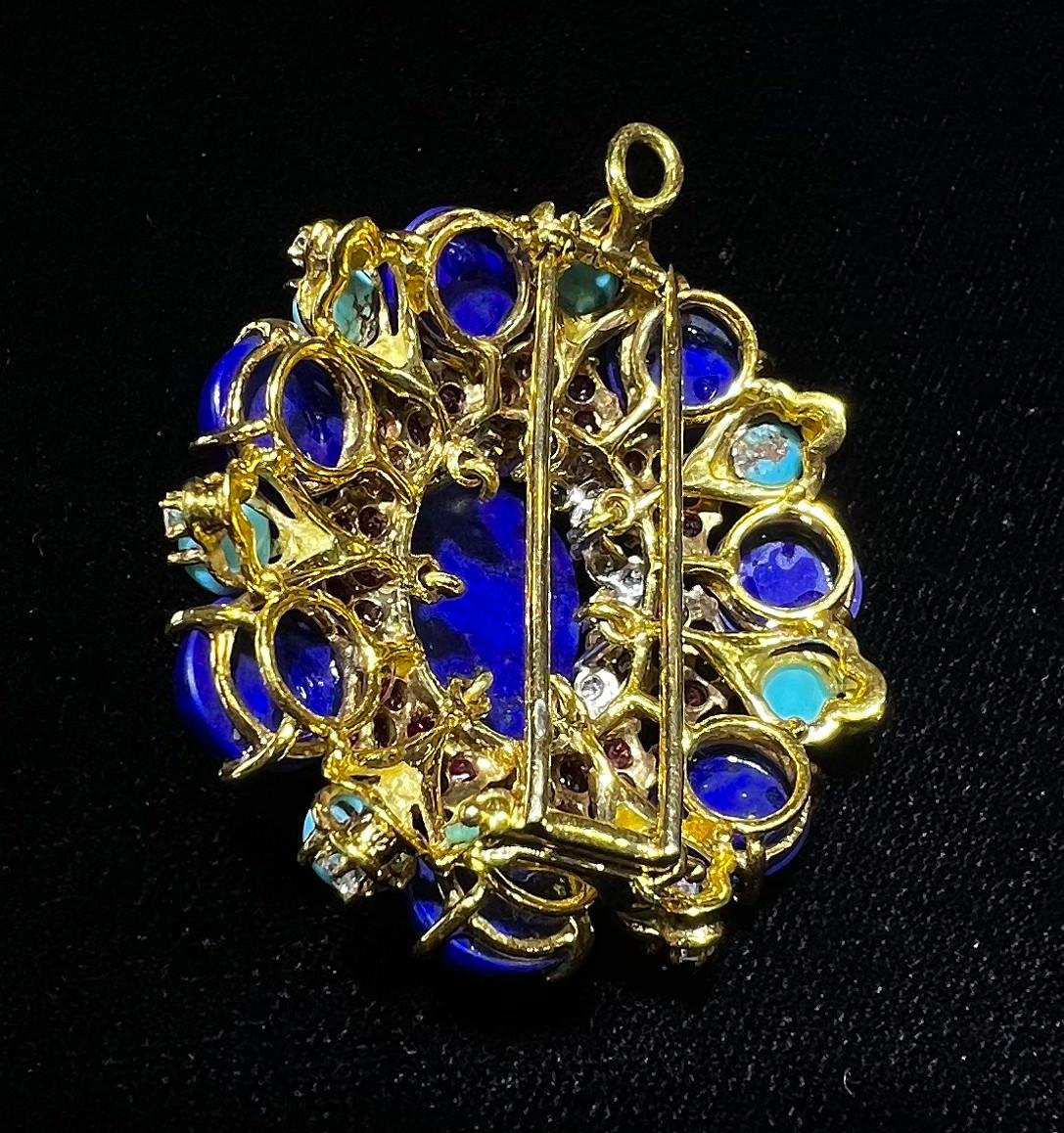 18k Yellow Gold Necklace/Brooch with Lapis, Turquoise & Round Diamonds  For Sale 1