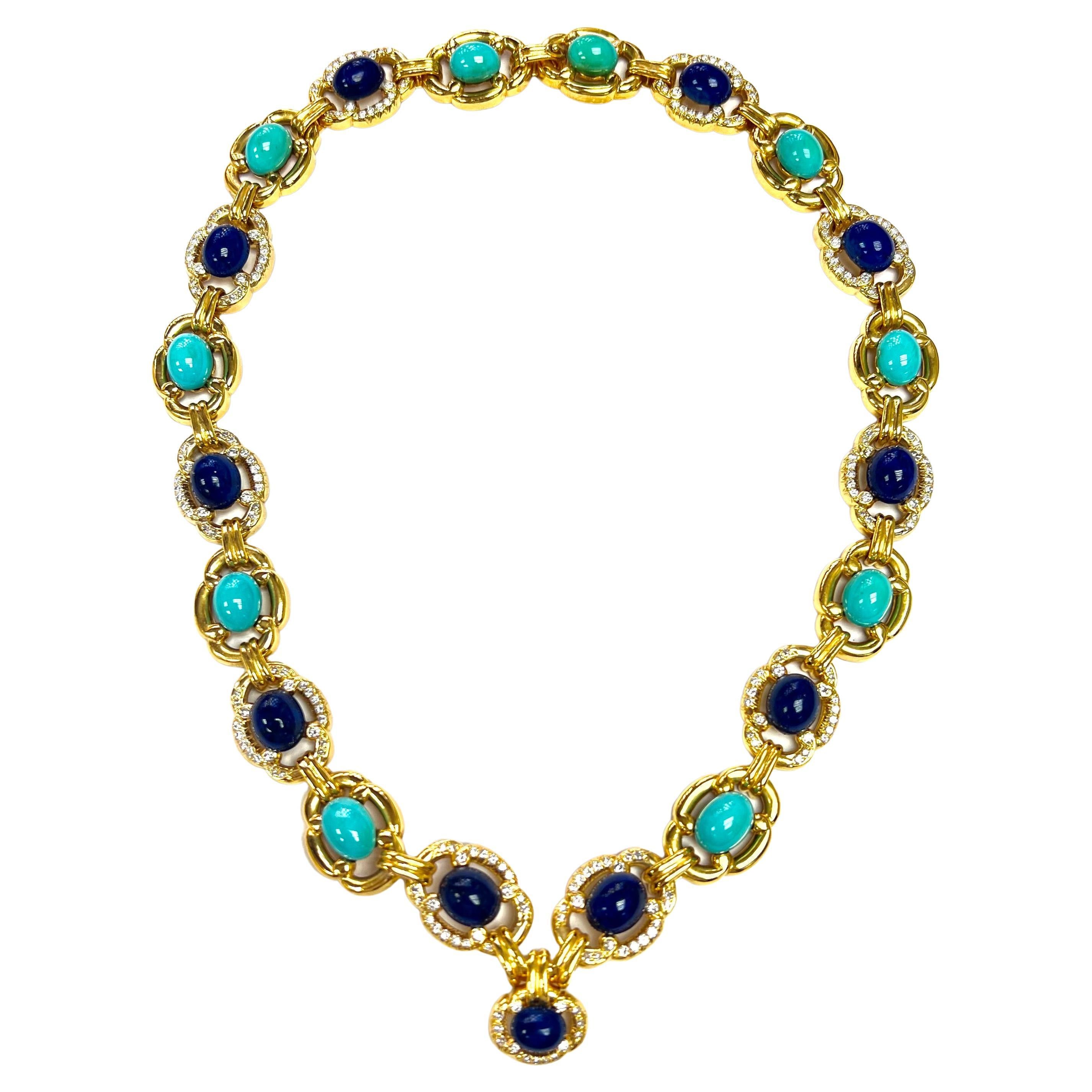 18k Yellow Gold Necklace/Brooch with Lapis, Turquoise & Round Diamonds  For Sale