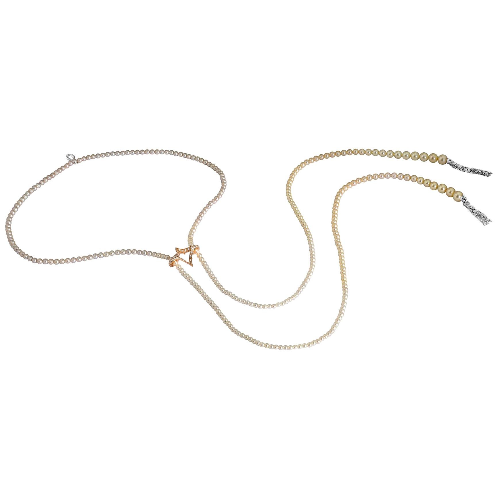 18K Yellow Gold Necklace, Diamond 0.50 Carat and Graduated Baby Akoya Pearls For Sale