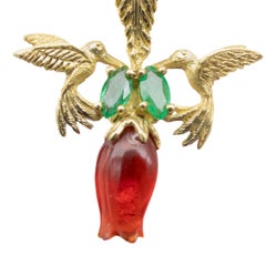 18k Yellow Gold Necklace Fire Opal Tulip Emerald Leaves Hummingbirds V Gracia