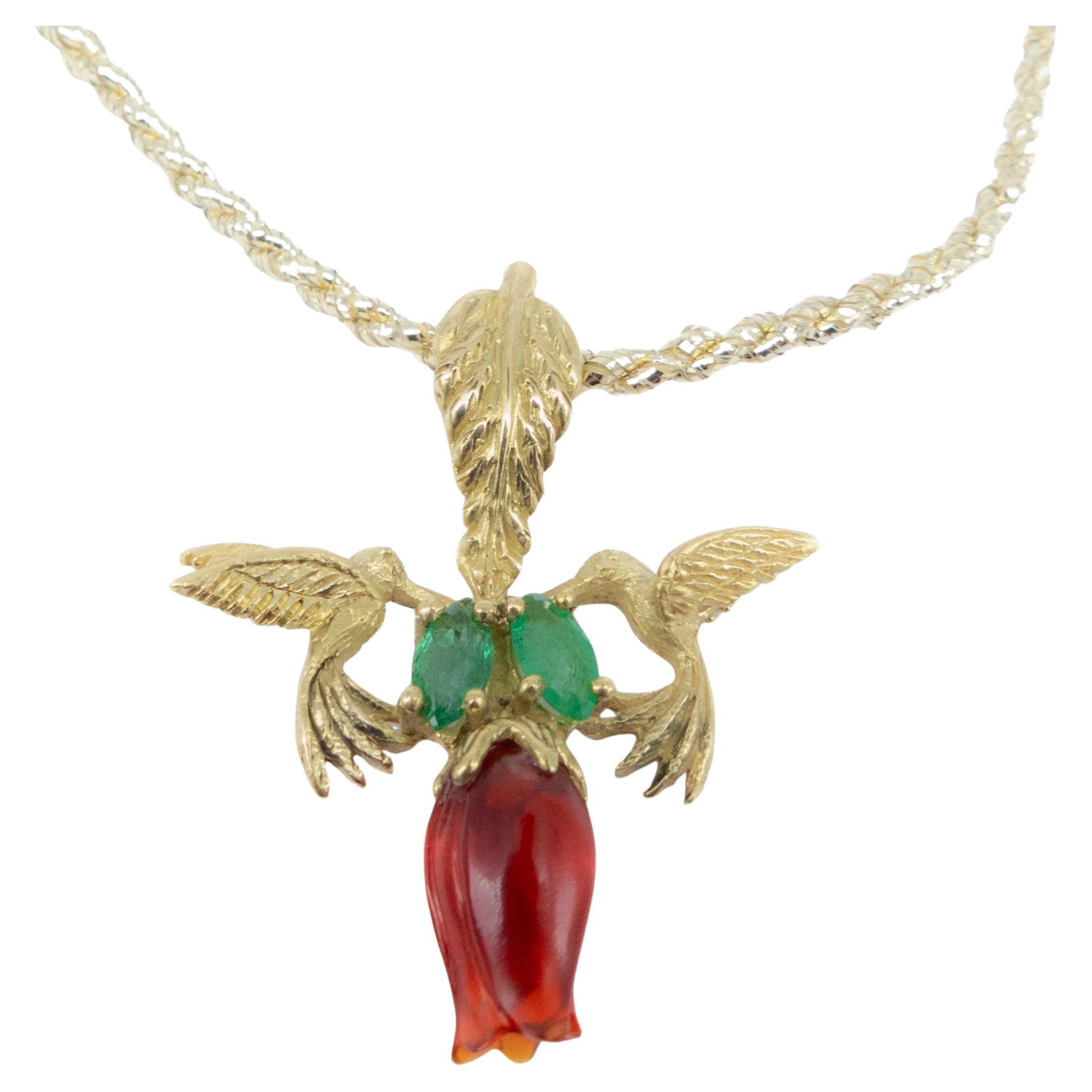 18k Yellow Gold Necklace Fire Opal Tulip Emerald Leaves Hummingbirds V Gracia For Sale